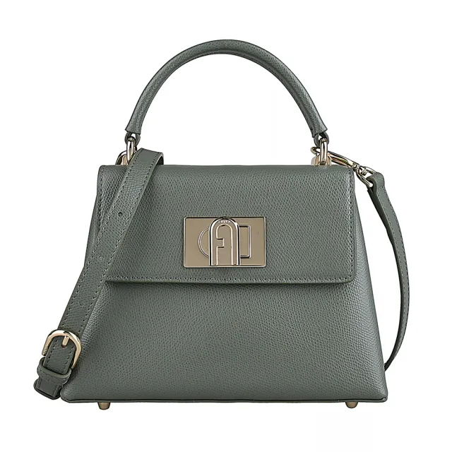 【FURLA 芙拉】FURLA 1927金字LOGO荔枝紋防刮牛皮旋鈕式手提斜背包(迷你/仙人掌綠)