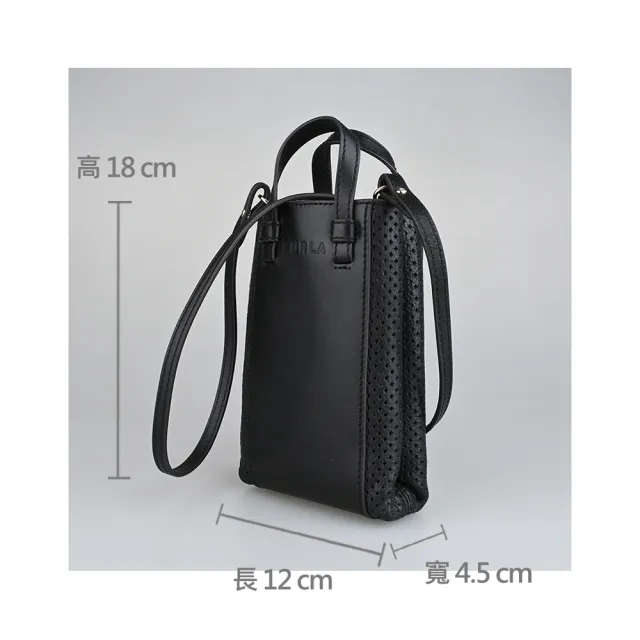 【FURLA 芙拉】FURLA MIASTELLA VERTICAL壓印LOGIO側面網狀小牛皮手提斜背包(迷你/黑x紅)