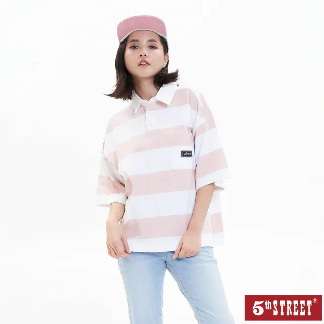 【5th STREET】女裝 polo衫 短袖 條紋 休閒polo衫 粉紅(570939)