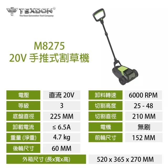 【TEXDON 得世噸】20V鋰電推草機 手推式割草機  單電組4.0AH(除草機 修草機)