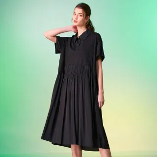 【GLORY21】網路獨賣款-etc.質感立體皺摺翻領短袖洋裝/連身裙(黑色)