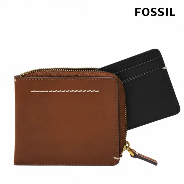 【FOSSIL 官方旗艦館】Westover 真皮拉鍊L型卡片夾包2件組-咖啡色 ML4594210(禮盒組附鐵盒)