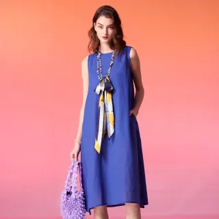 【GLORY21】網路獨賣款-etc.簡約素色棉麻圓領無袖洋裝/連身裙(藍色)