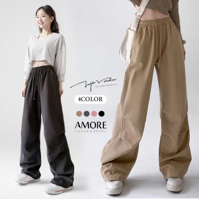 【Amore】日韓降落傘率性工裝長褲(復古風皺褶工裝褲)