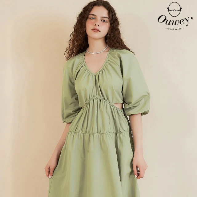 OUWEY 歐薇 縷空腰間抓摺七分袖長洋裝(淺綠色；S-L；