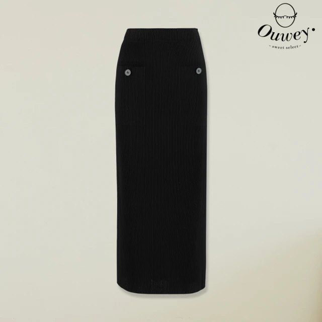 OUWEY 歐薇OUWEY 歐薇 壓摺雙口袋鬆緊鉛筆裙(黑色；XS-M；3242392223)