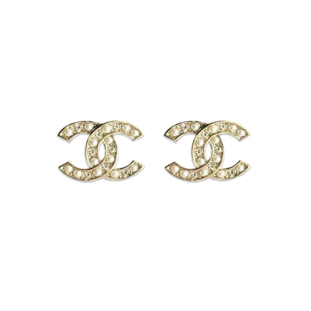 CHANEL 香奈兒 經典雙C LOGO珍珠水鑽耳針式耳環 金色(ABB771 B14169)