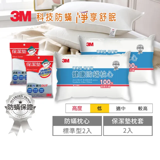 【3M】健康防蹣枕心-標準型限量版x2+保潔墊枕頭套x2(防蹣保潔超值4件組)