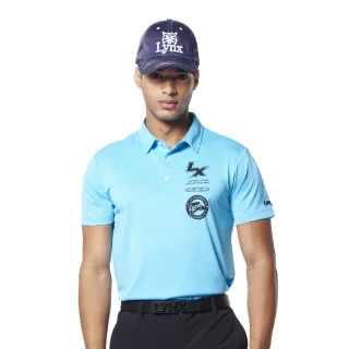 【Lynx Golf】男款吸濕排汗抗UV機能印花造型Lynx字樣繡花短袖POLO衫/高爾夫球衫(中藍色)