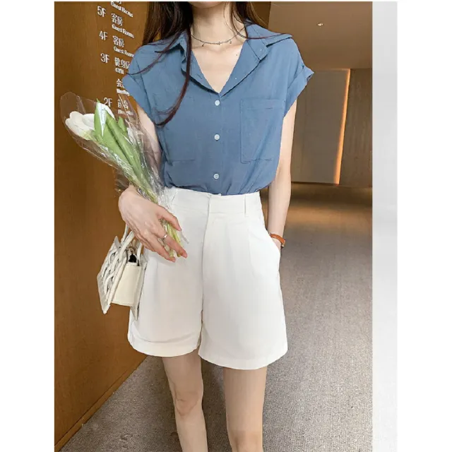 【Shiny 藍格子】純色雙口袋寬鬆短袖襯衫 V3390 現+預(女裝)