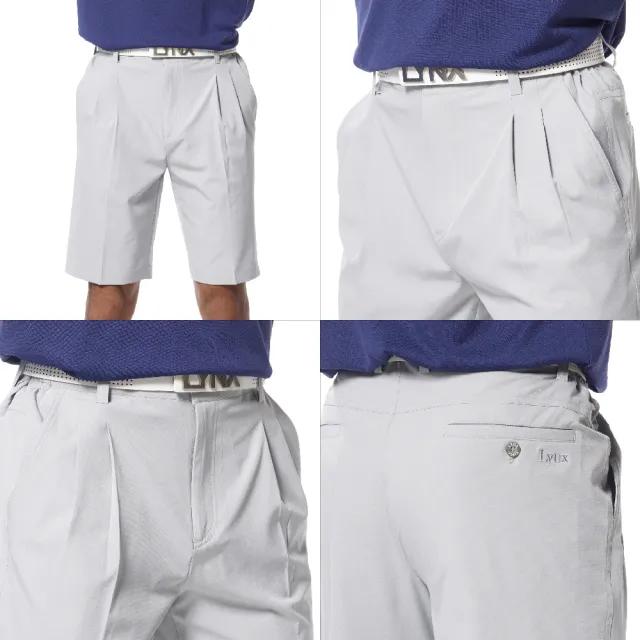【Lynx Golf】男款彈性舒適腰圍兩側鬆緊帶素面基本款後袋Lynx繡花雙折休閒短褲(二色)