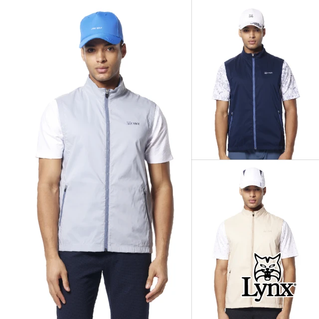 Lynx Golf 男款透氣彈性舒適脇邊剪接沖孔山貓造型配布拉鍊口袋無袖背心(三色)