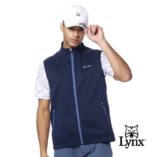 【Lynx Golf】男款透氣彈性舒適脇邊剪接沖孔山貓造型配布拉鍊口袋無袖背心(三色)