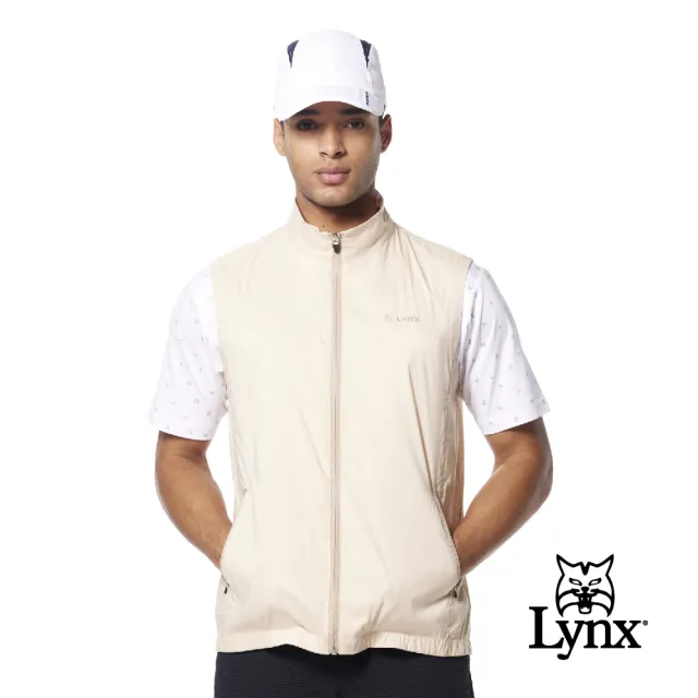 【Lynx Golf】男款透氣彈性舒適脇邊剪接沖孔山貓造型配布拉鍊口袋無袖背心(三色)