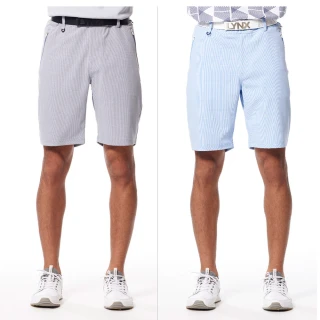 【Lynx Golf】男款彈性舒適經典細格紋路後腰LOGO織帶剪接拉鍊口袋造型平口休閒短褲(二色)