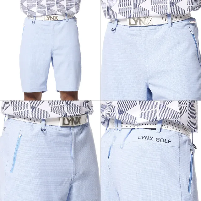 【Lynx Golf】男款彈性舒適經典細格紋路後腰LOGO織帶剪接拉鍊口袋造型平口休閒短褲(二色)