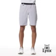 【Lynx Golf】男款彈性舒適經典細格紋路後腰LOGO織帶剪接拉鍊口袋造型平口休閒短褲(二色)