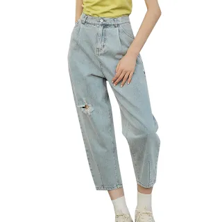 【OUWEY 歐薇】鬆弛風錐形抓破牛仔褲(淺藍色；S-L；3242138605)