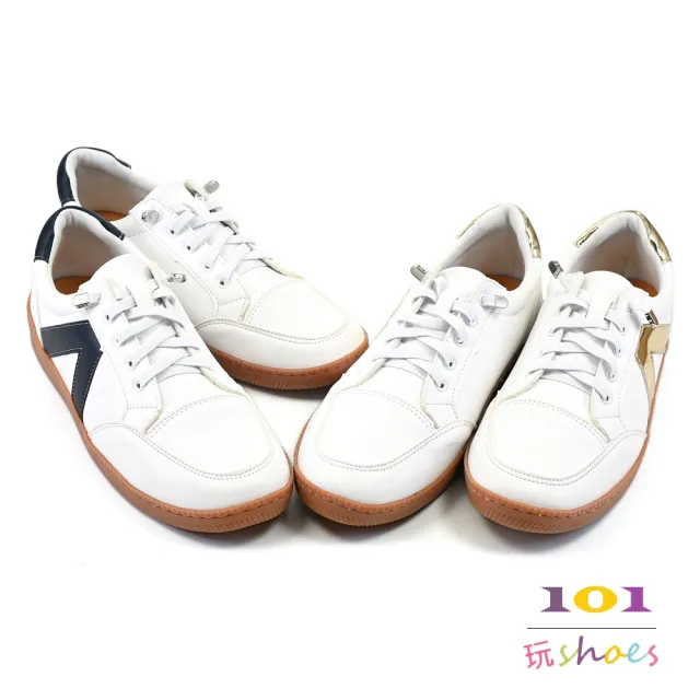 【101 玩Shoes】mit. 經典焦糖色橡膠大底休閒板鞋小白鞋(藍色/金色 36-40碼)