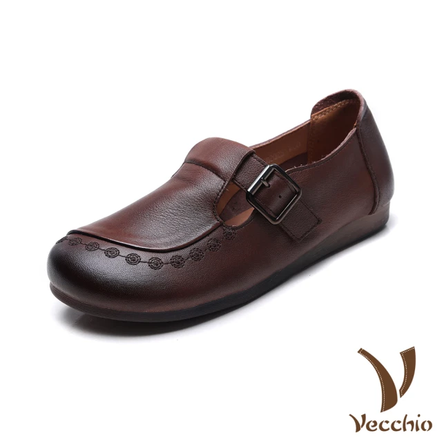 Vecchio 真皮皮鞋 牛皮皮鞋/全真皮頭層牛皮皮帶釦飾舒適軟底小皮鞋 休閒鞋(棕)
