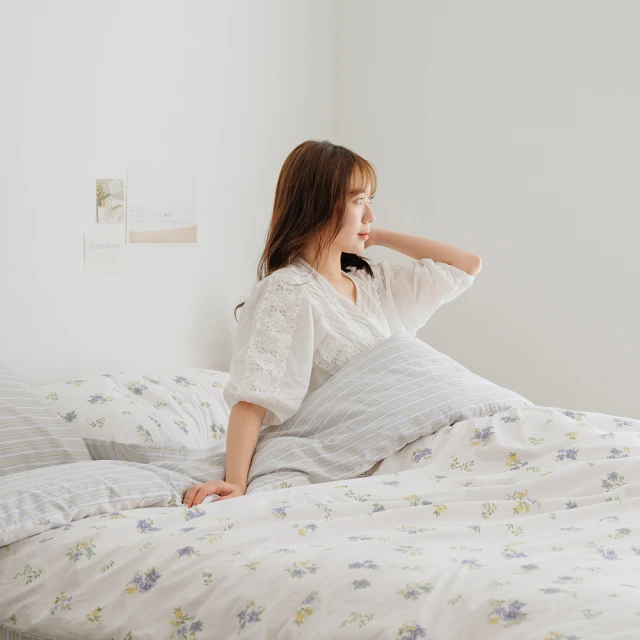 翔仔居家 100%精梳純棉薄被套床包4件組-椿嶼(加大) 推