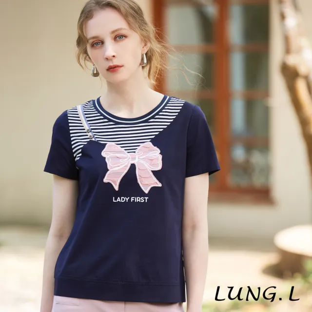 【LUNG.L 林佳樺】LP60A 藍色拼接條紋蝴蝶結短袖絲光棉T恤(加大尺碼)
