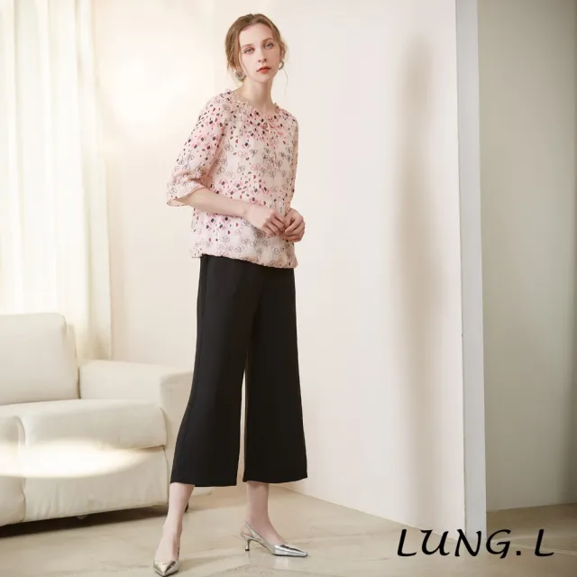 【LUNG.L 林佳樺】LP42A粉色雪紡印花綁結七分袖女裝上衣