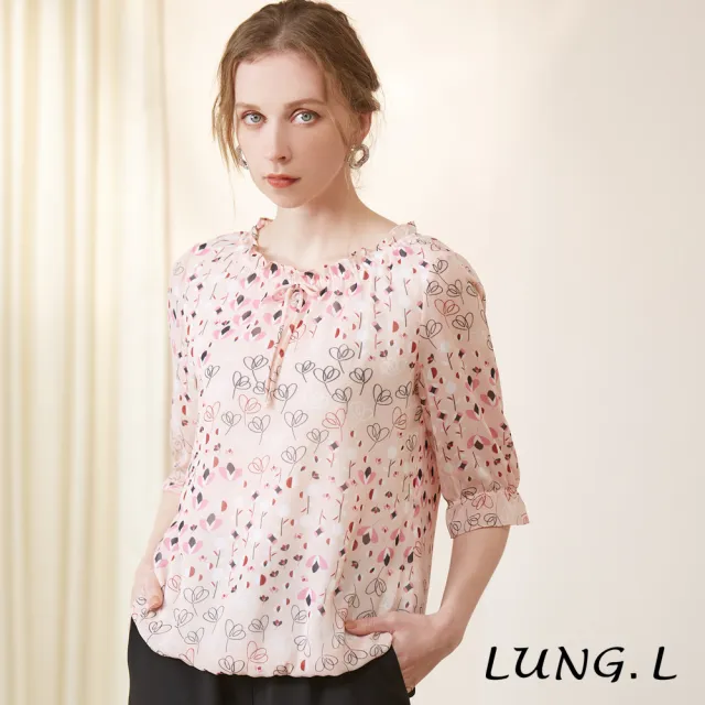 【LUNG.L 林佳樺】LP42A粉色雪紡印花綁結七分袖女裝上衣