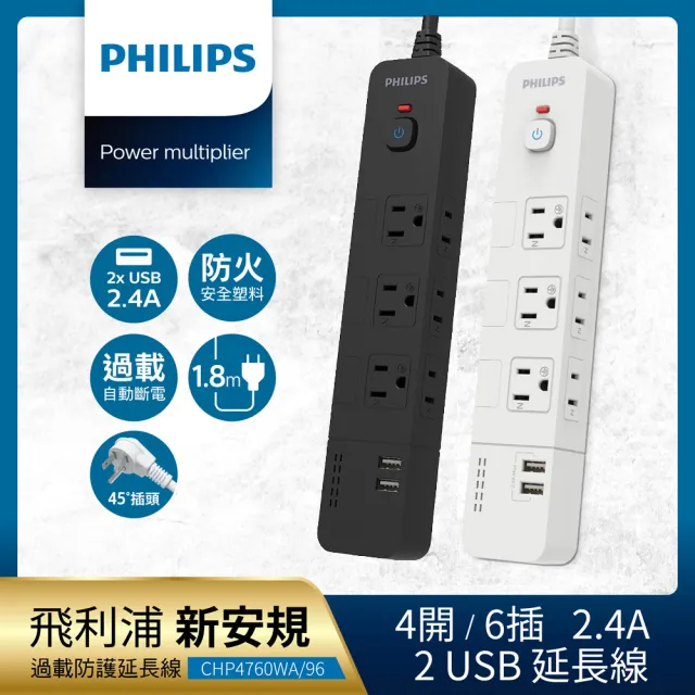 【Philips 飛利浦】4開6插+雙USB延長線 1.8M 兩色可選(CHP4760)