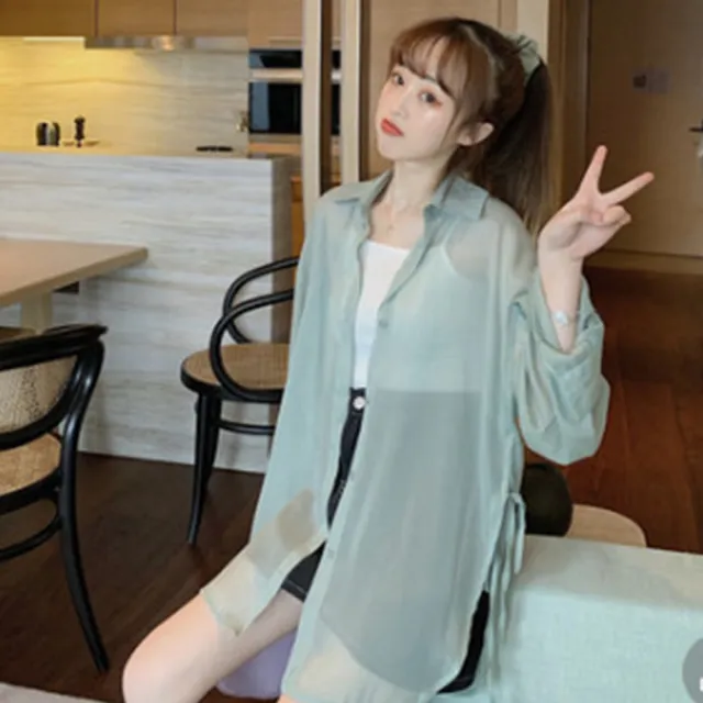 【Paiya 派亞】夏季新款韓版寬鬆紫色防曬襯衫女外穿中長款百搭薄款襯衣外套(均碼S到3XL可穿)