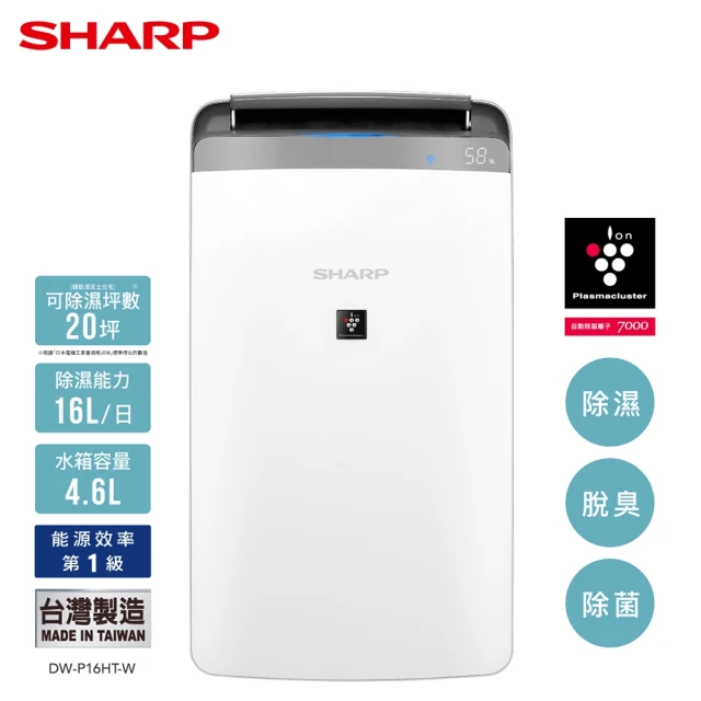 SHARP 夏普SHARP 夏普 自動除菌離子衣物乾燥抗黴 16L除濕機(DW-P16HT-W)