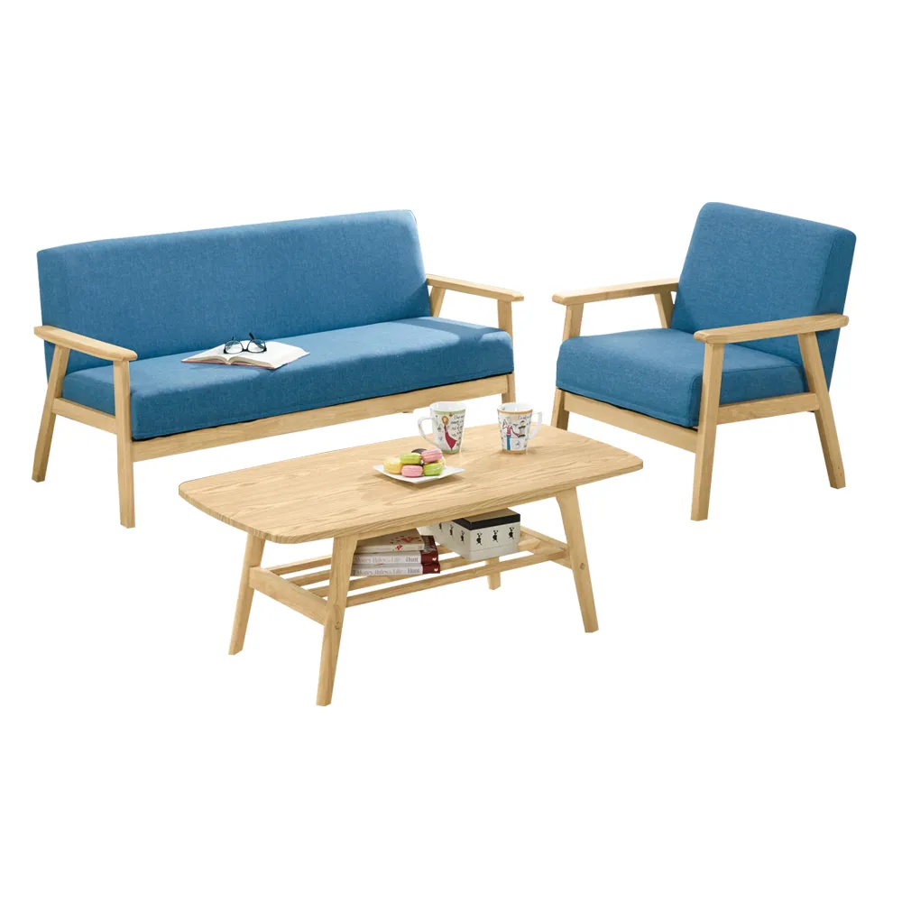 【BODEN】卡芬藍色布面實木沙發客廳組合-三件組合(1人+3人+大茶几)