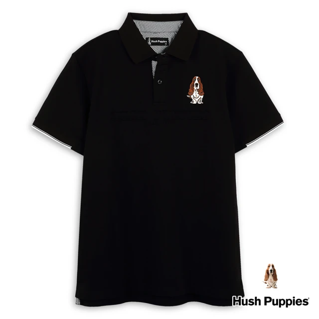 Hush Puppies 男裝 POLO 經典袖配色織帶HP鋼模刺繡狗短袖POLO衫(黑色 / 43101108)