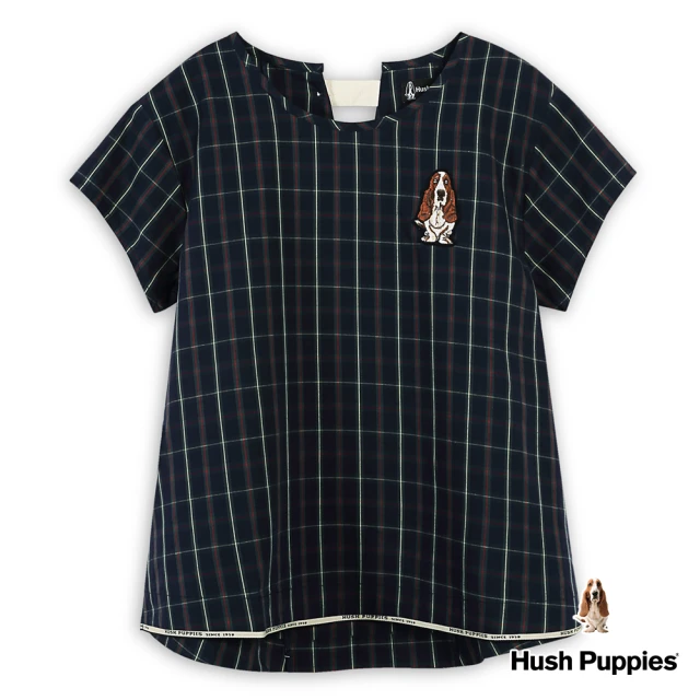 Hush Puppies 女裝 上衣 經典格紋後織帶刺繡狗上衣(墨綠 / 43210203)