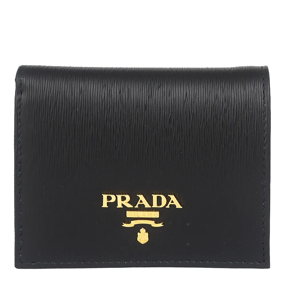 【PRADA 普拉達】品牌標誌直紋皮革翻蓋短夾(黑/紅/零錢袋)