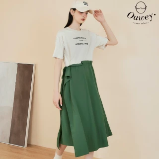 【OUWEY 歐薇】荷葉綁帶舒適假兩件洋裝(綠色；S-L；3242397019)
