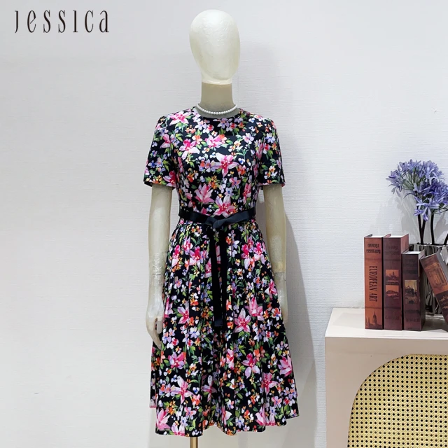 【JESSICA】清新花卉印花收腰傘裙短袖洋裝G34701