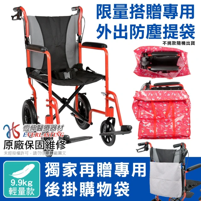 【恆伸醫療器材】ER-0012-1 恆伸輕量系列 看護型 鋁合金 輪椅(可拆腳、可折背、加贈商品花色隨機出貨)