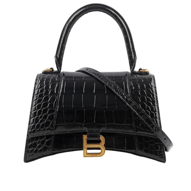 【Balenciaga 巴黎世家】Hourglass 金釦壓鱷魚紋牛皮二用沙漏包(黑色)