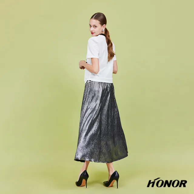 【HONOR 山形屋】金蔥高腰鬆緊木耳下擺長裙-銀/杏