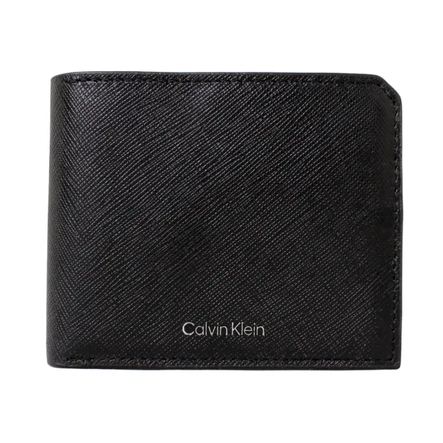【Calvin Klein 凱文克萊】CK燙銀LOGO防刮皮革1+1抽式卡夾男短夾/皮夾禮盒(經典黑)