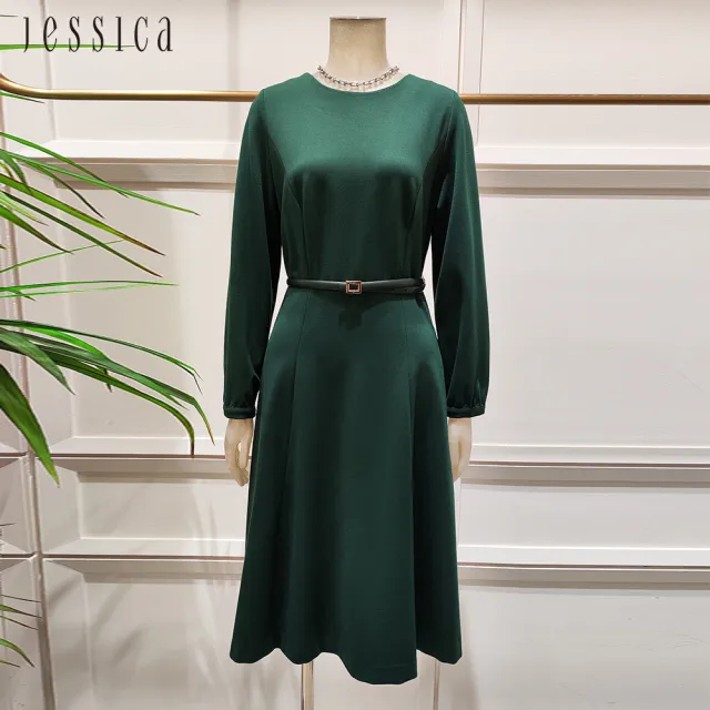 【JESSICA】出清品 簡約收腰圓領傘裙長袖洋裝G34708