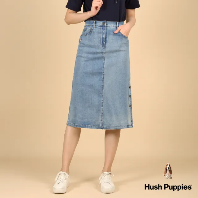 【Hush Puppies】女裝 長裙 側開岔3扣飾牛仔中長裙(淺藍 / 43223101)