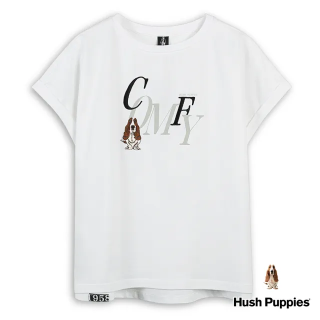 【Hush Puppies】女裝 T恤 素色造型英文字刺繡狗連袖T恤(白色 / 43211201)