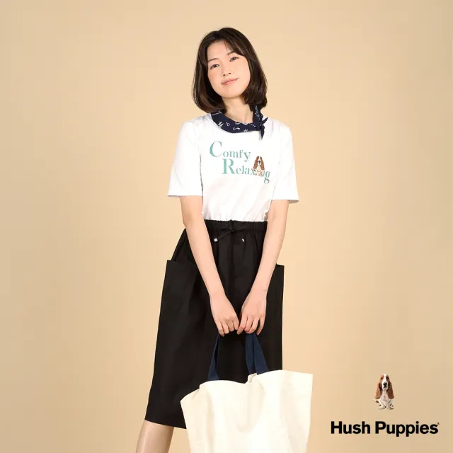 【Hush Puppies】女裝 洋裝 休閒文字印花經典刺繡狗假兩件洋裝(米白 / 43215107)