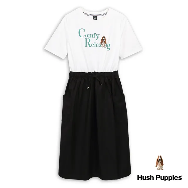 【Hush Puppies】女裝 洋裝 休閒文字印花經典刺繡狗假兩件洋裝(米白 / 43215107)