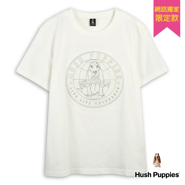 Hush Puppies 男裝 T恤 素色立體填充品牌圓章棉線條狗寬版T恤(米白 / 43111907)