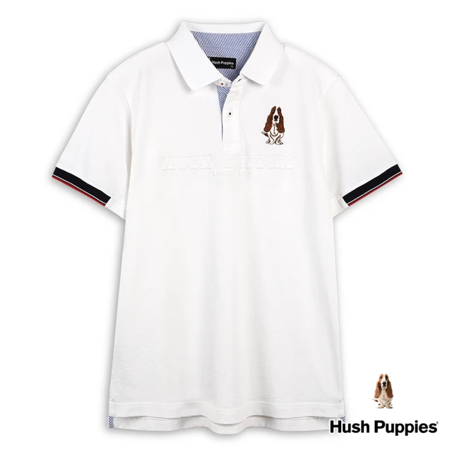 Hush Puppies 男裝 POLO 經典袖配色織帶HP鋼模刺繡狗短袖POLO衫(白色 / 43101108)