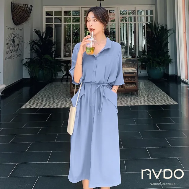 【NVDO】出清品 浪漫假期收腰雪紡連衣裙-兩色可選(M-2XL/短袖洋裝/F117/售完不補)