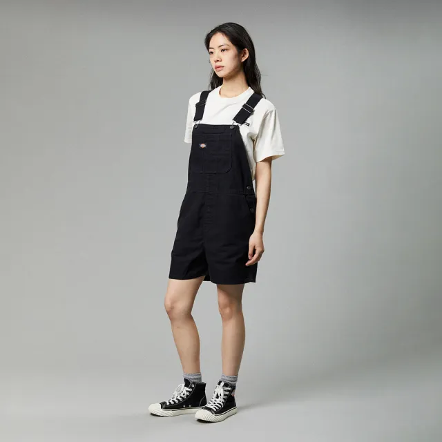 【Dickies】女款水洗黑純棉帆布多口袋設計休閒吊帶短褲｜DK013006C40